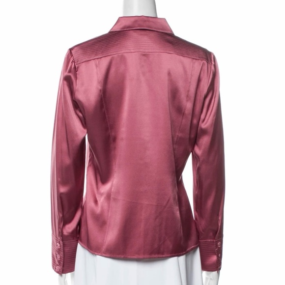 St. John Silk Satin Elegant Pink Mauve Button Up Blouse, Pleated, Stitching, 4 - Picture 3 of 16